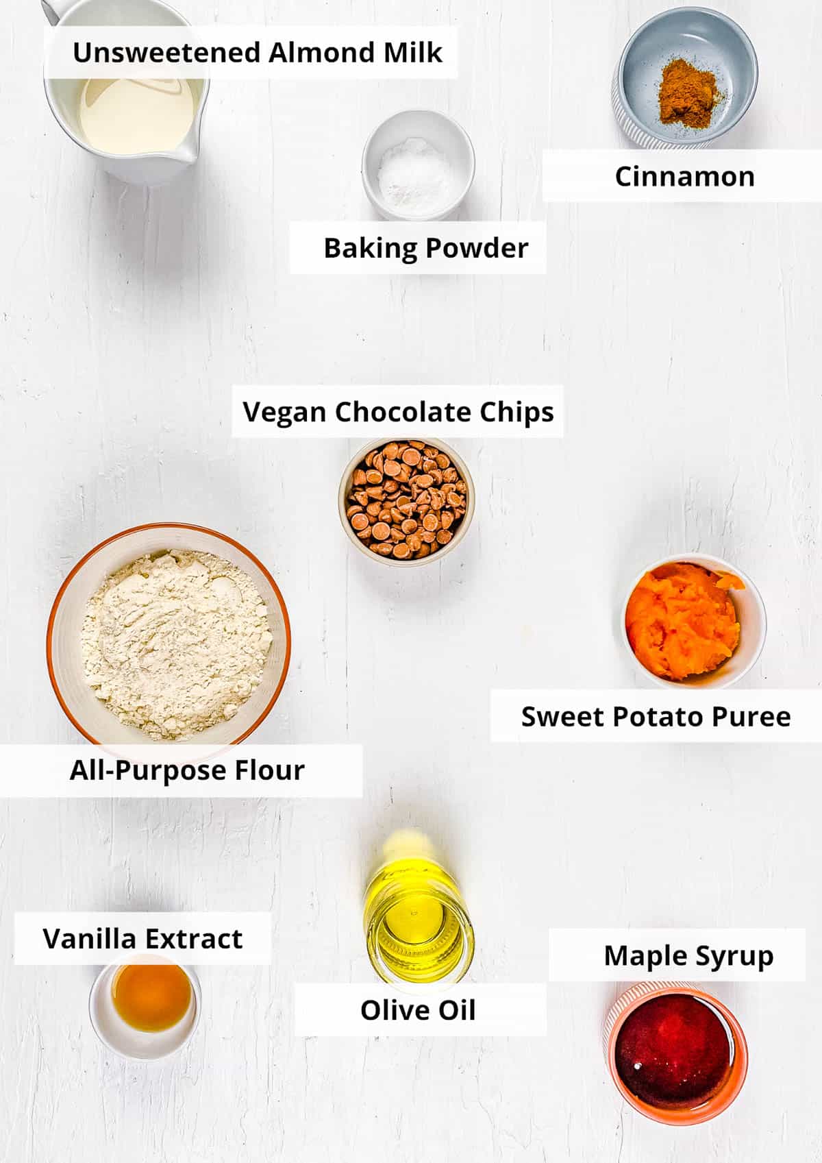 Ingredients for vegan sweet potato pancakes recipe.