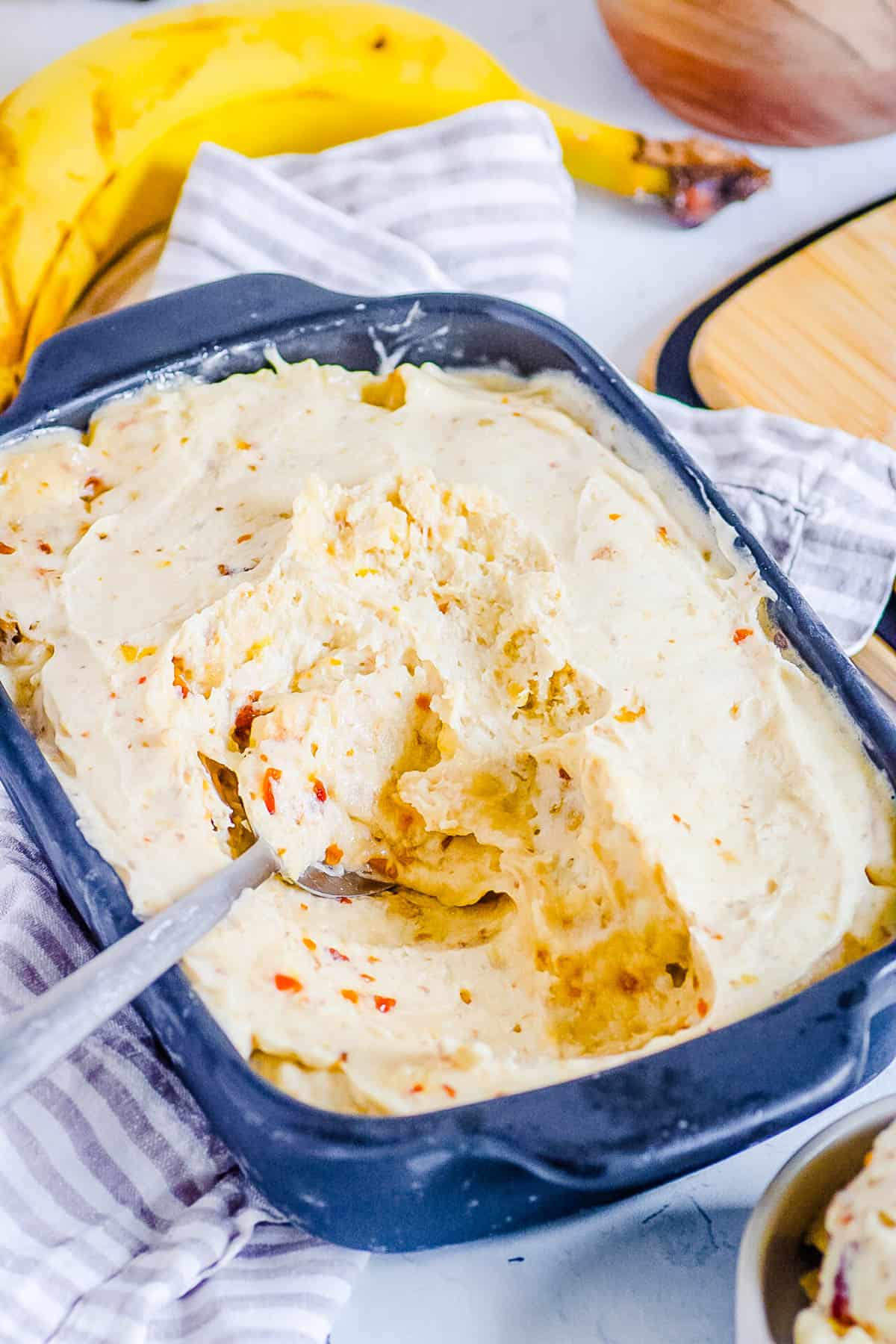 Salted caramel nice cream in a baking dish.