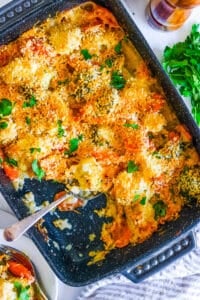 Baked vegetable au gratin in a baking dish.