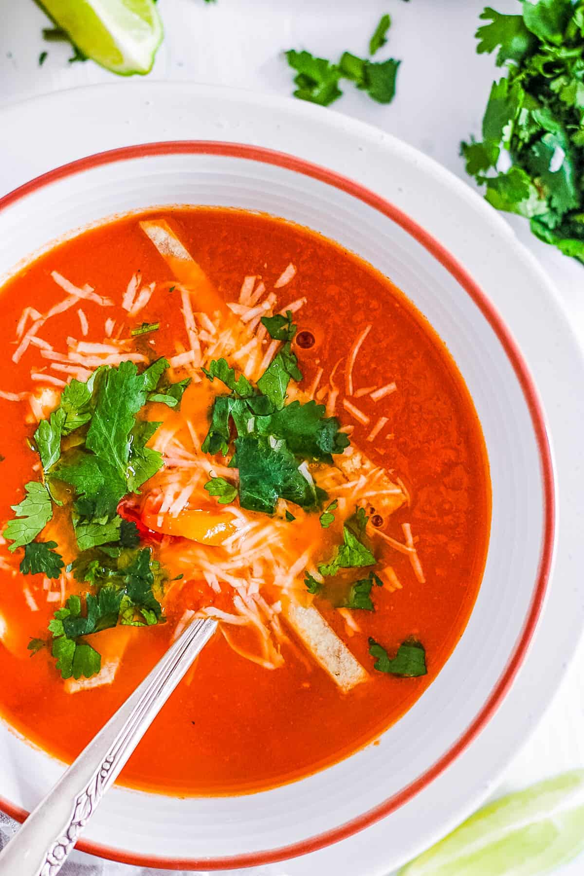 Easy vegetarian taco soup topped with cilantro and cheese in a white bowl.