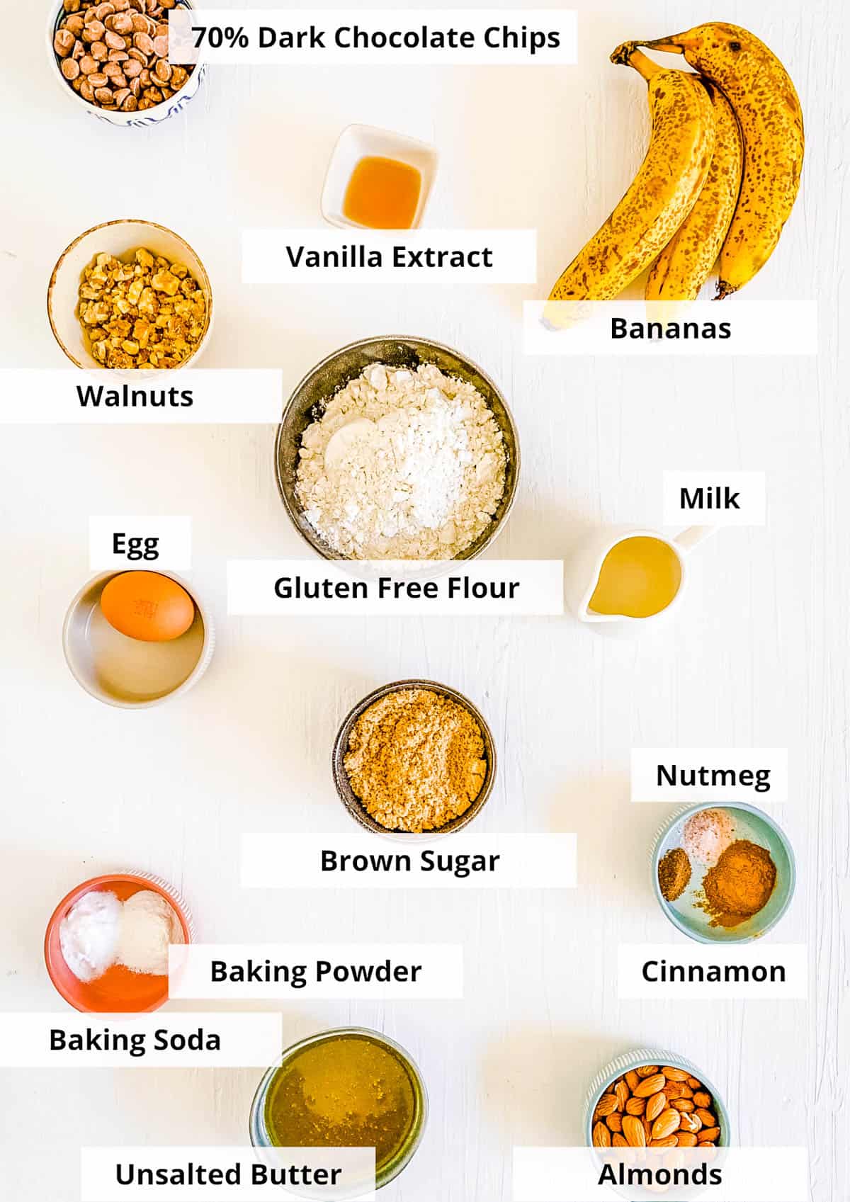 Ingredients for gluten free banana chocolate chip muffins recipe.
