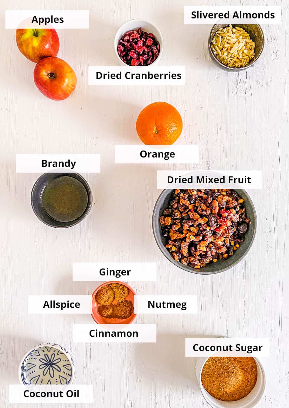 Ingredients for vegan mincemeat recipe against a white background.