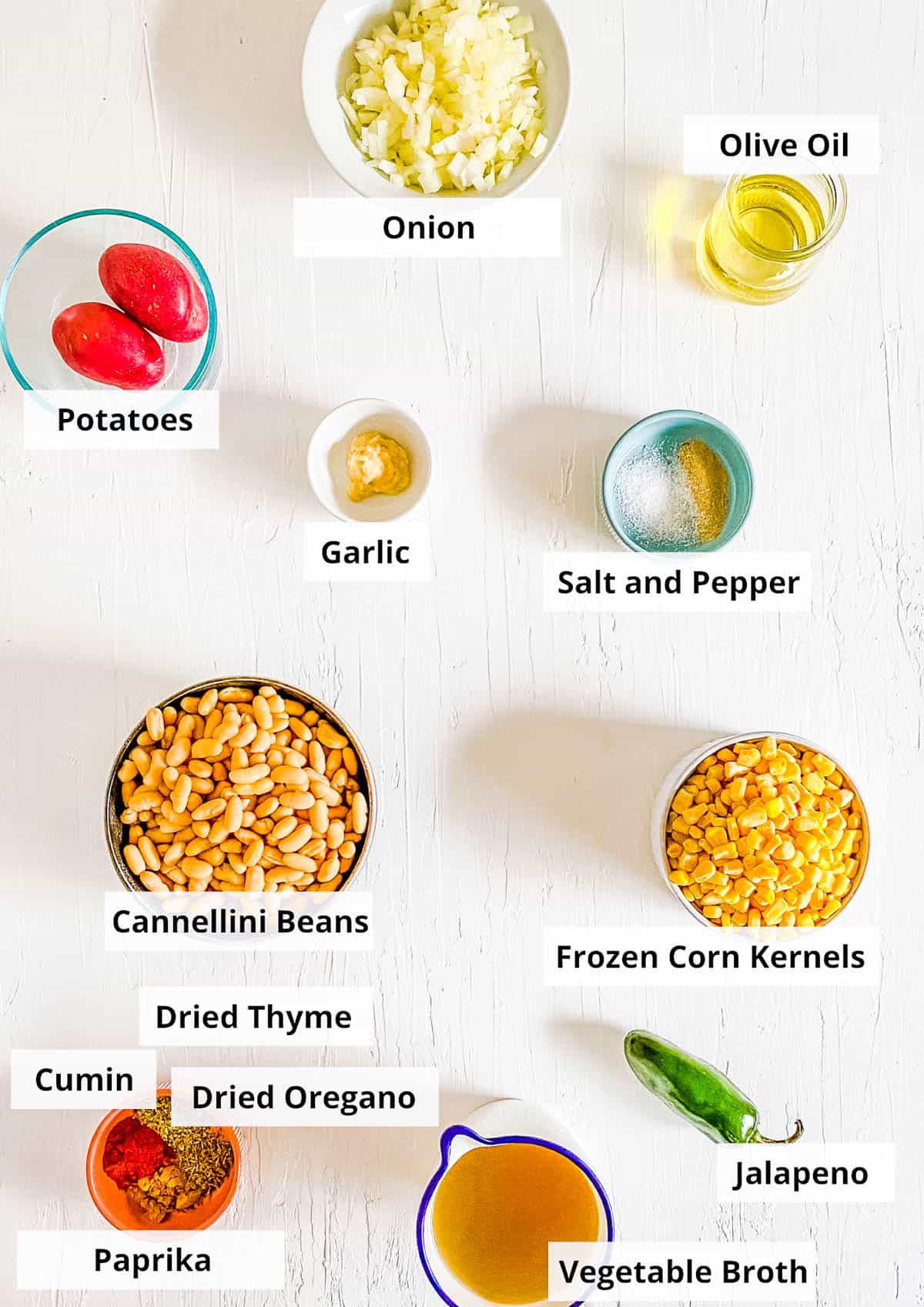 Ingredients for vegan white bean chili recipe on a white background.