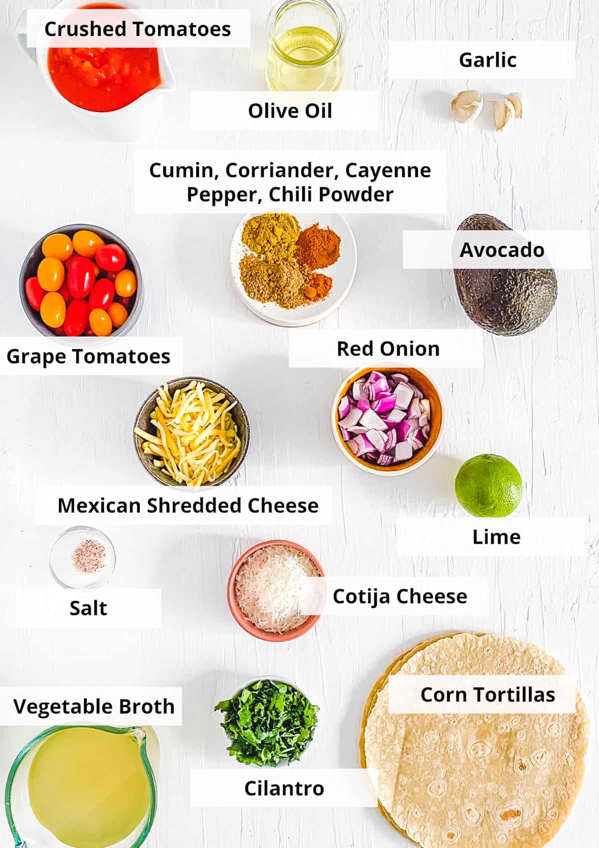Ingredients for vegetarian taco soup recipe.
