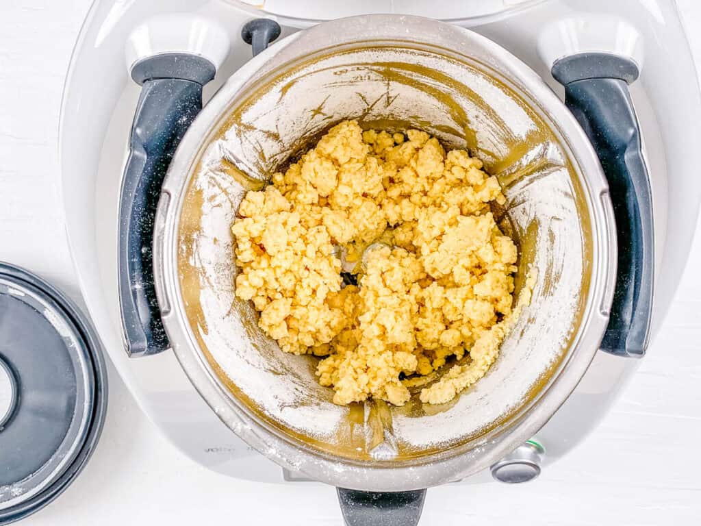 Pastry crust dough in a food processor.