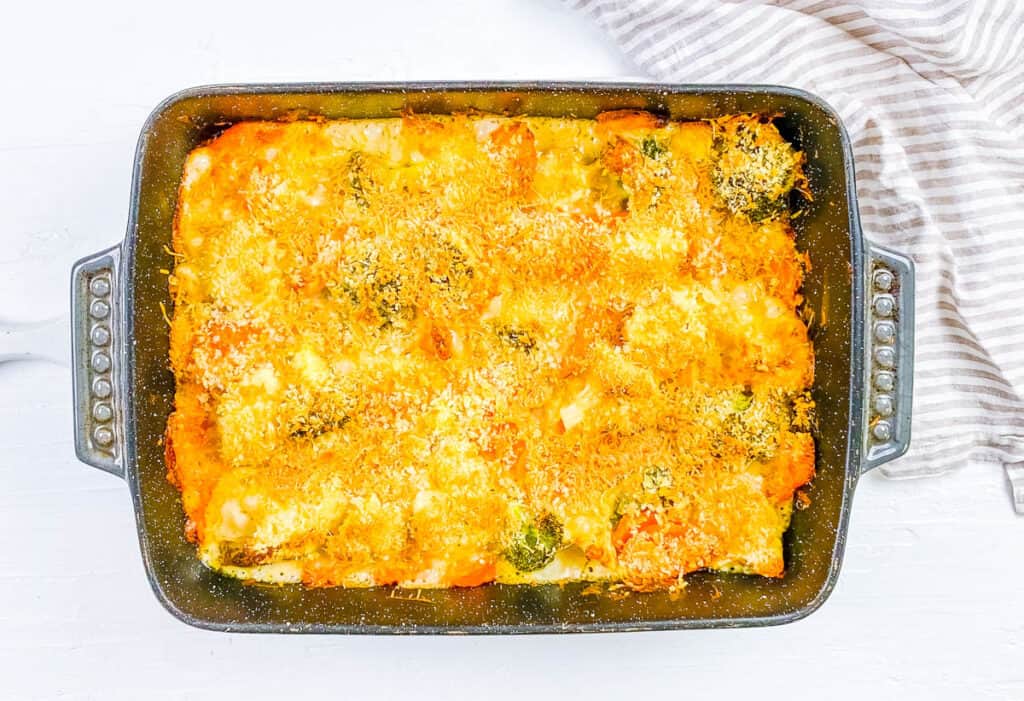 Broccoli and cauliflower gratin in a casserole dish.