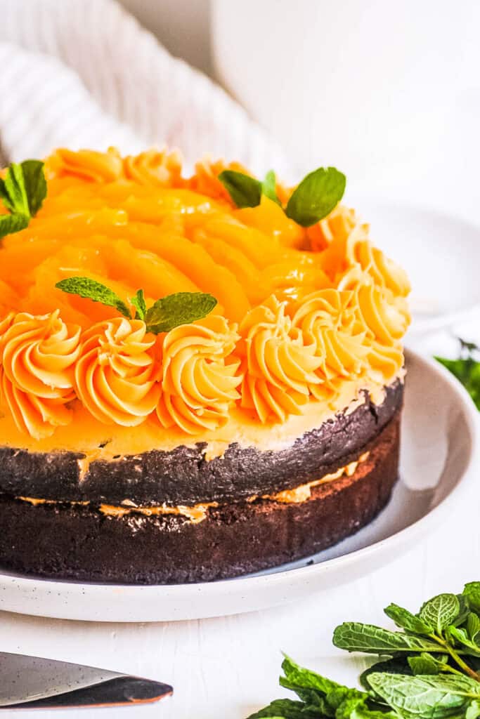 Chocolate mango cake on a white cake platter.