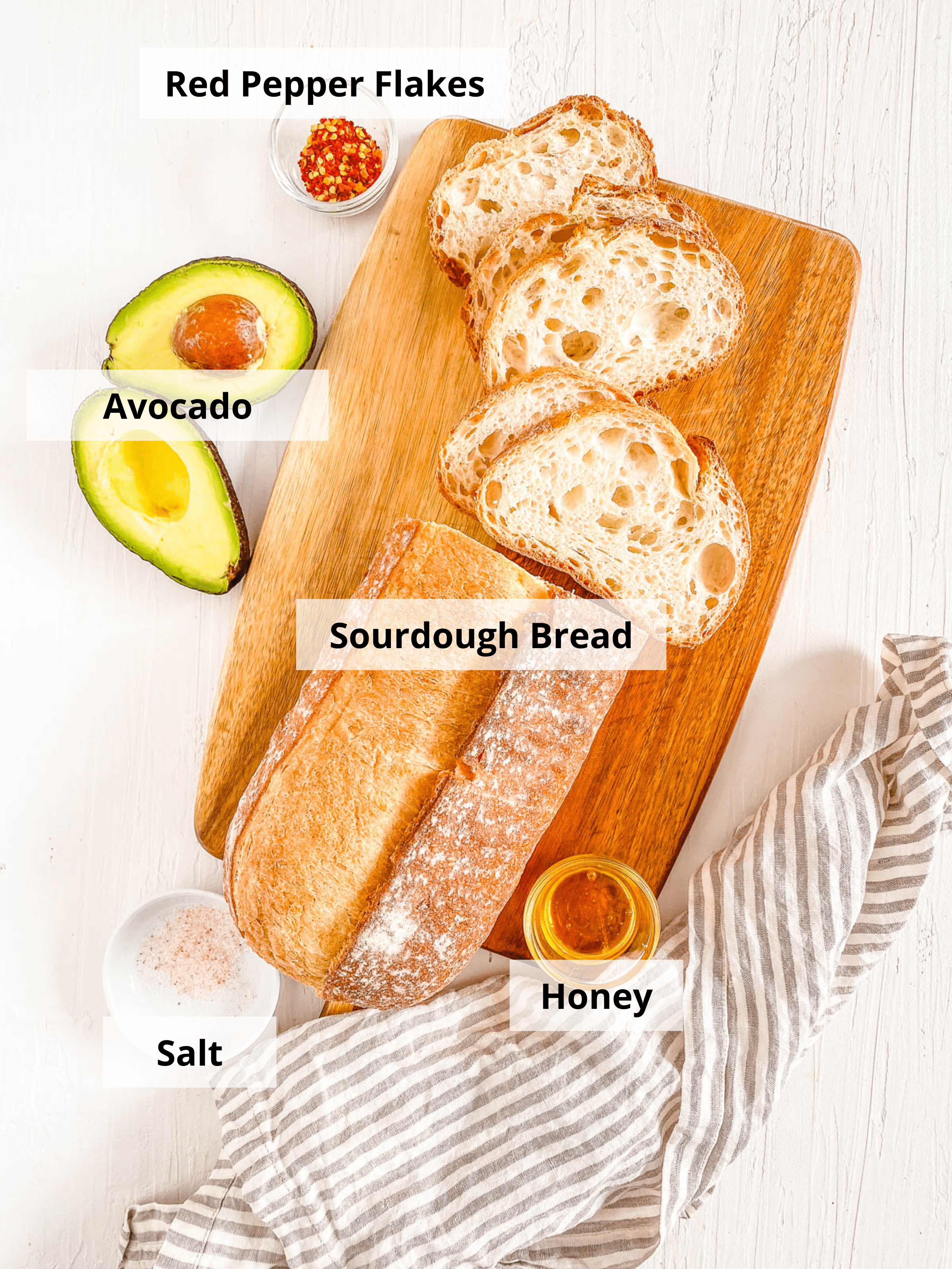 Ingredients for avocado toast with honey on a white background.