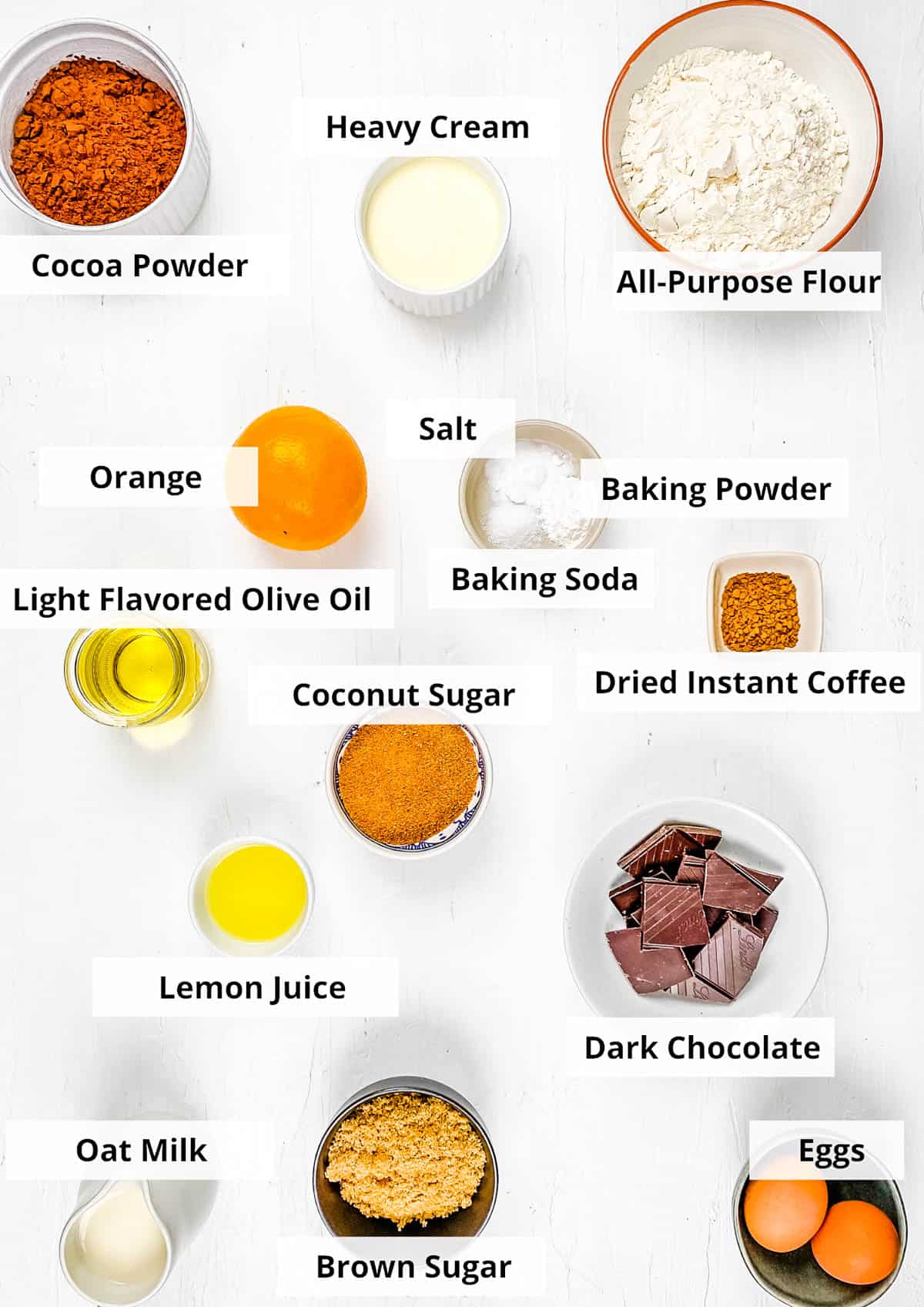 Ingredients for easy chocolate orange cake recipe.