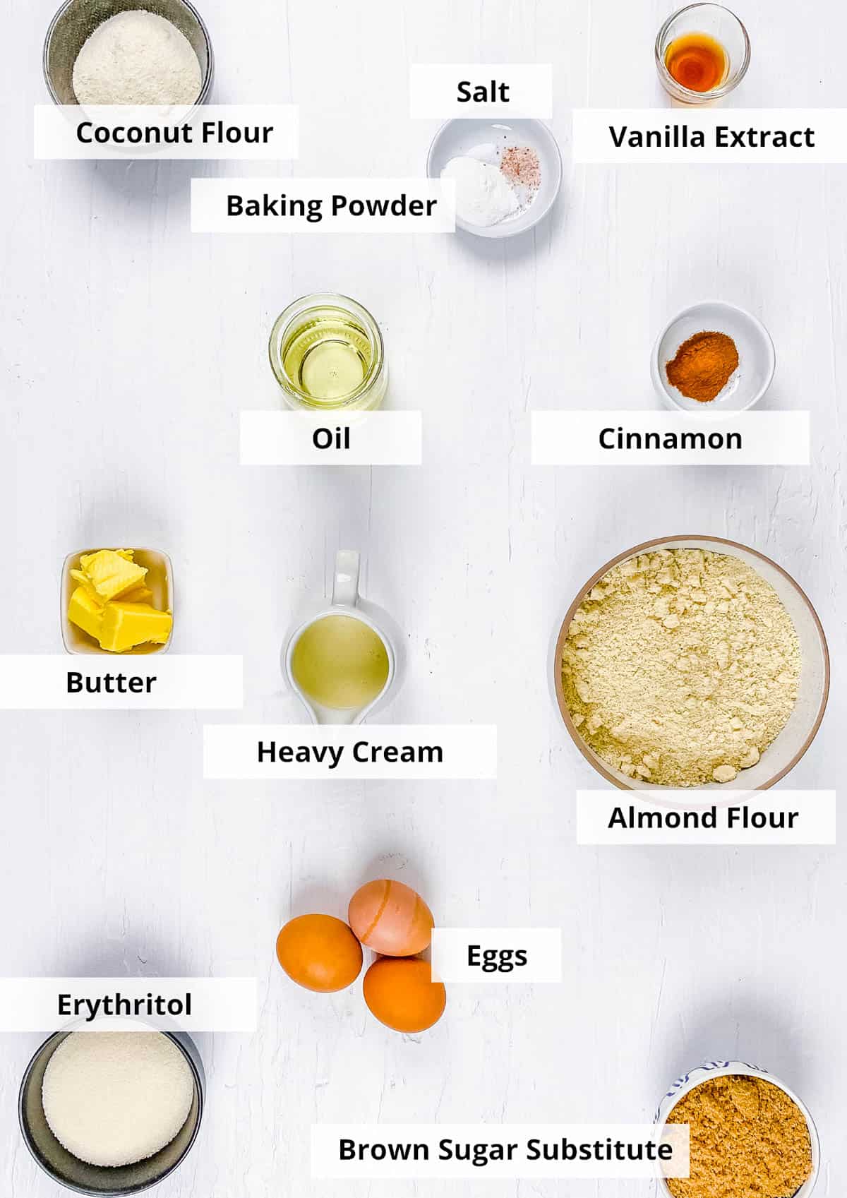 Ingredients for low carb, keto coffee cake recipe on a white background.