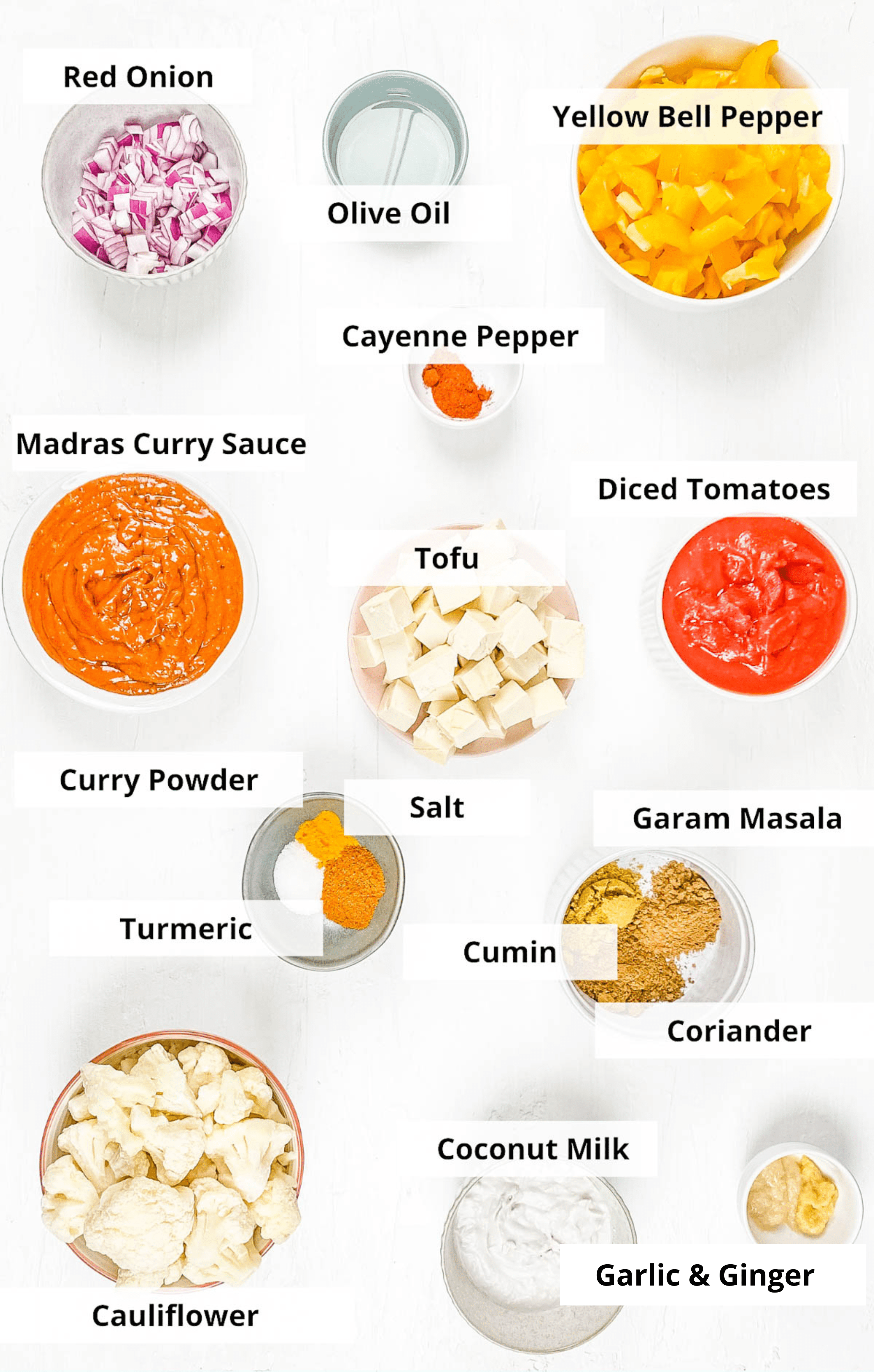 Ingredients for vegan tikka masala recipe on a white background.