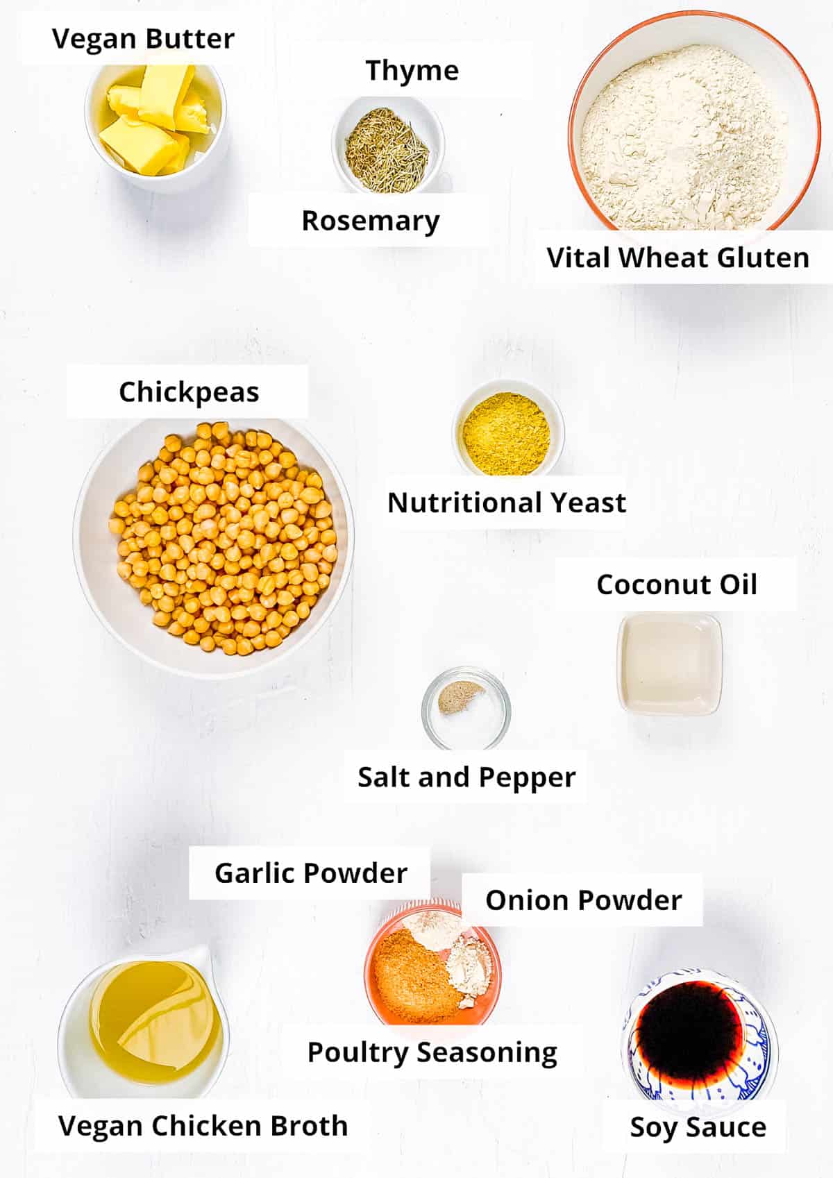 Ingredients for vegan turkey recipe on a white background.