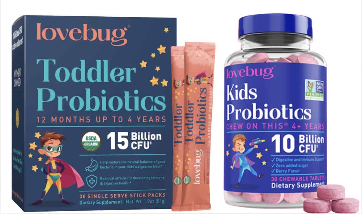 Collage of LoveBug probiotics for kids.