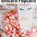 a unicorn box with pink popcorn