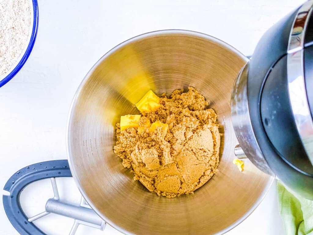 Brown sugar and butter creamed in a stand mixer.