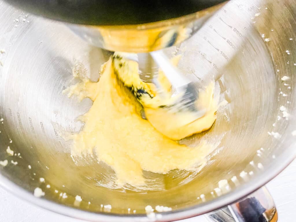 Eggs, sugar and butter creamed in a stand mixer.