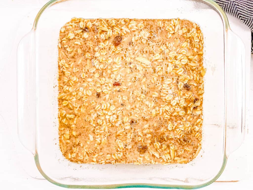 Easy baked oatmeal batter with no banana in a baking dish.