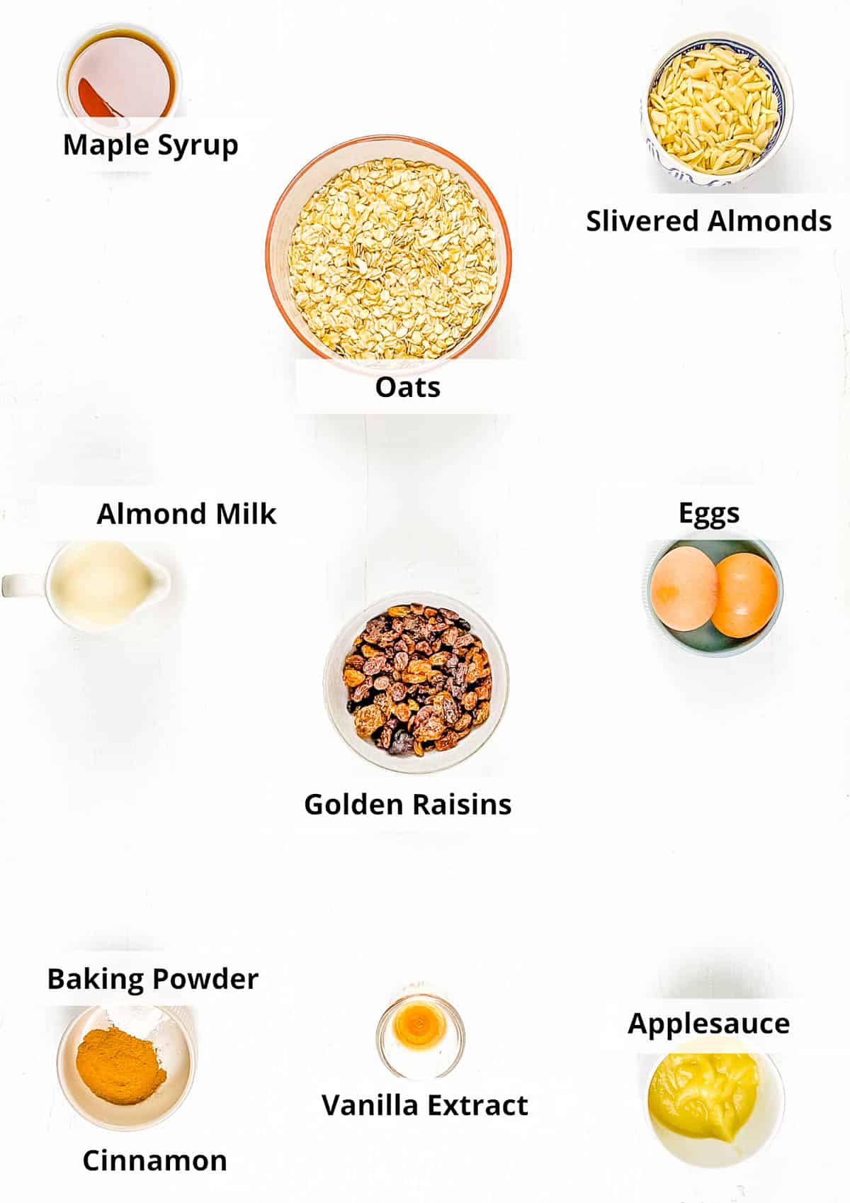 Ingredients for baked oats without banana recipe on a white background.