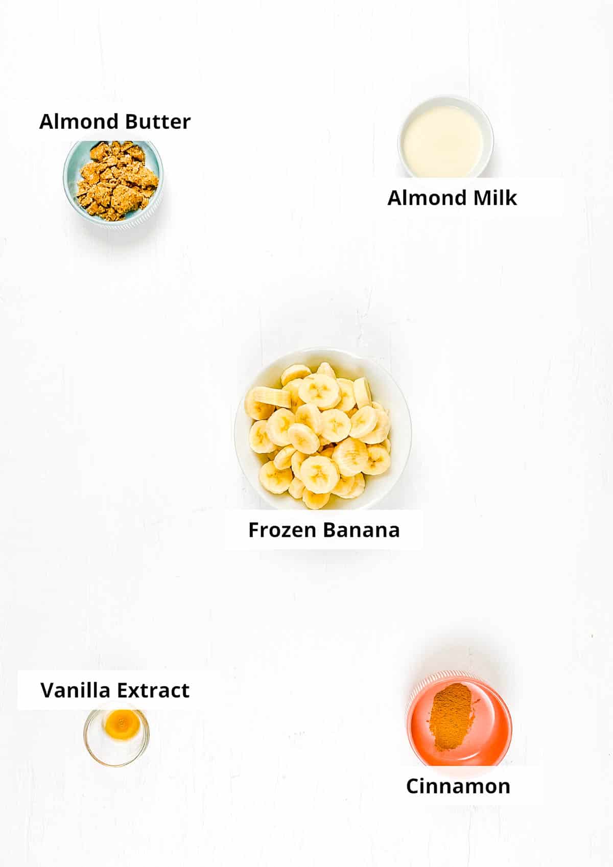 Ingredients for easy banana smoothie bowl recipe on a white background.