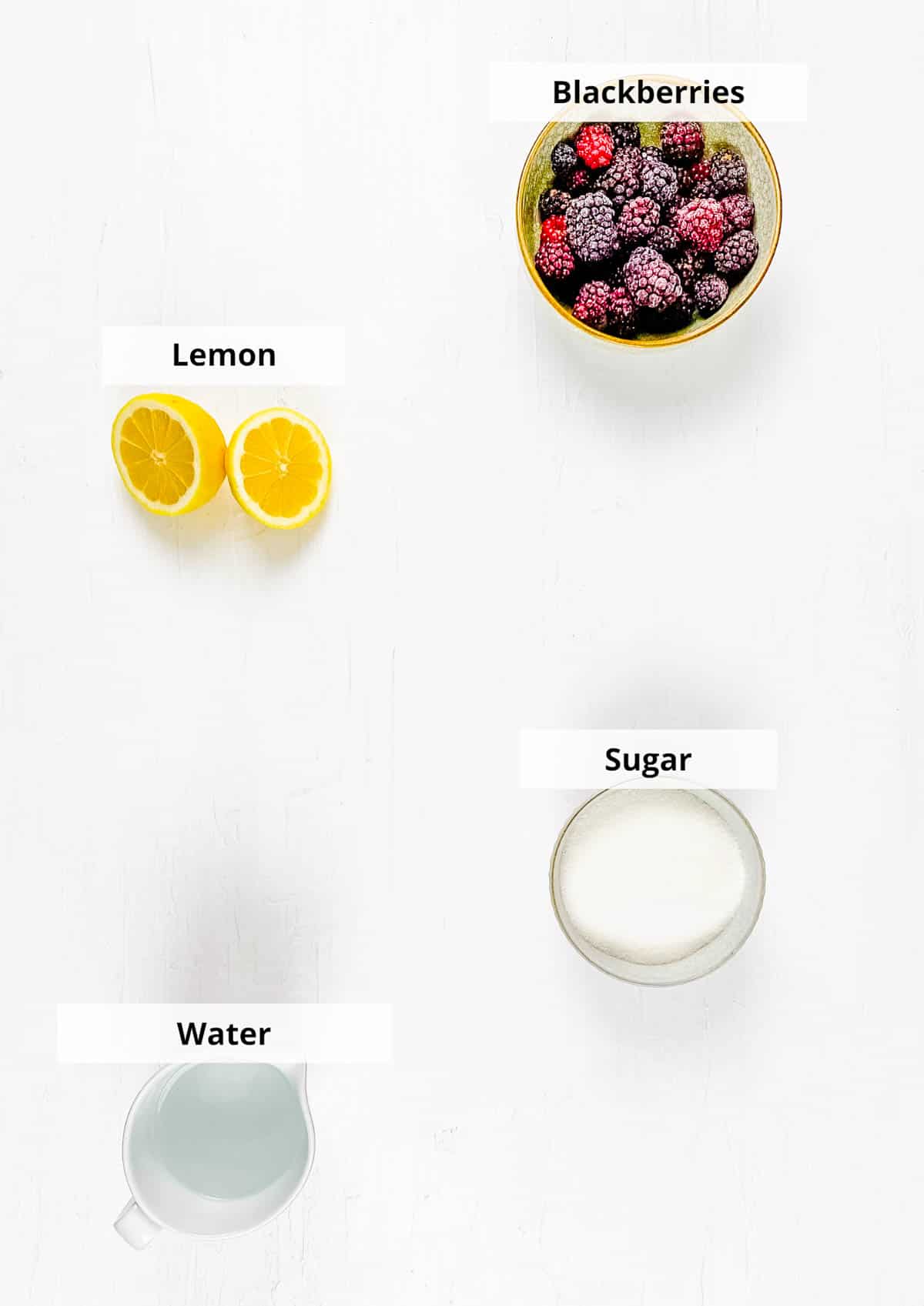 Ingredients for easy blackberry simple syrup recipe against a white background.