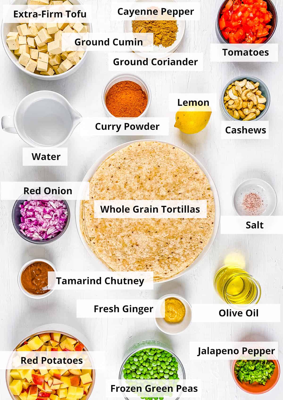 Ingredients for Indian samosa wraps on a white background.