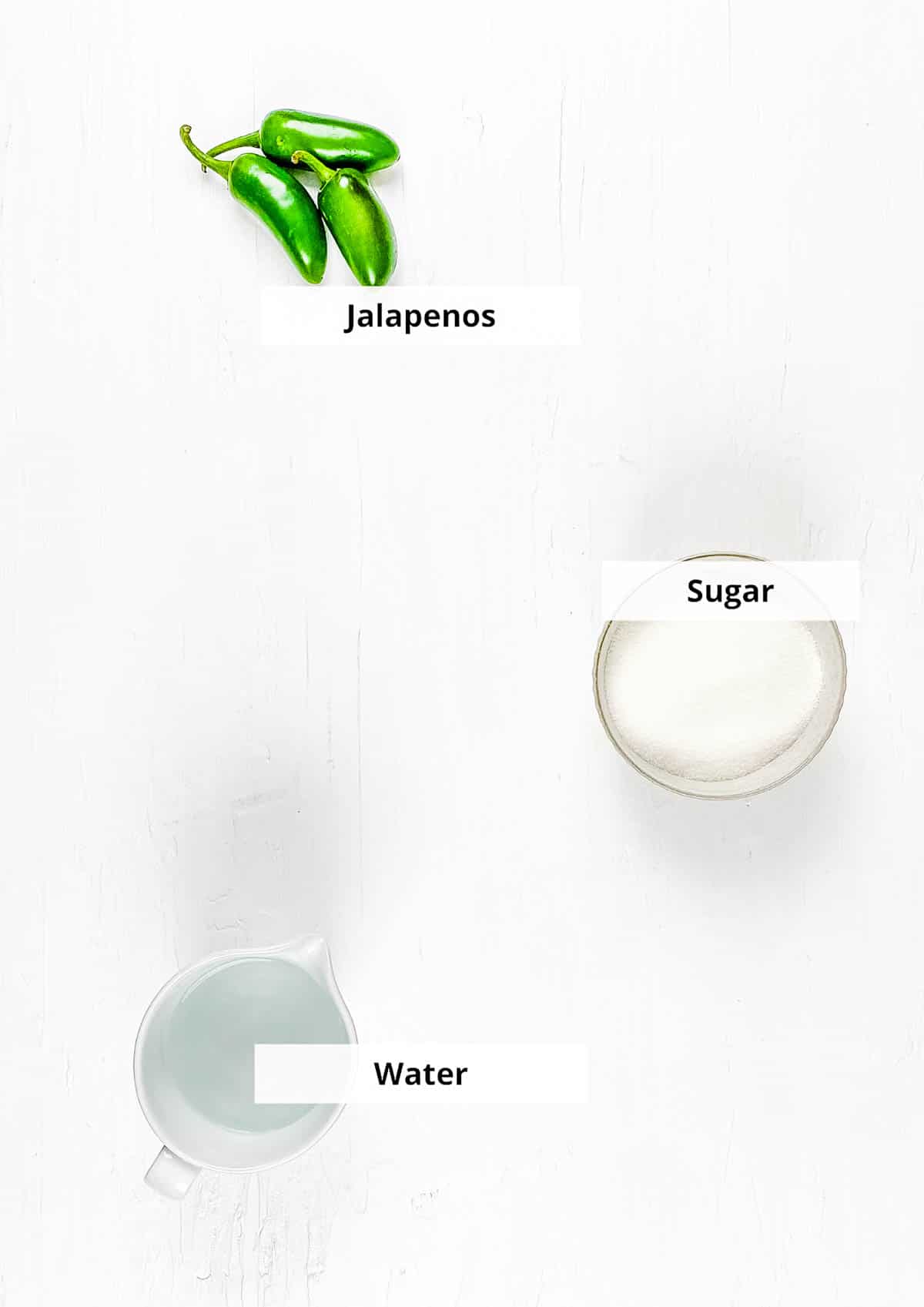 Ingredients for easy homemade jalapeno simple syrup recipe on a white background.