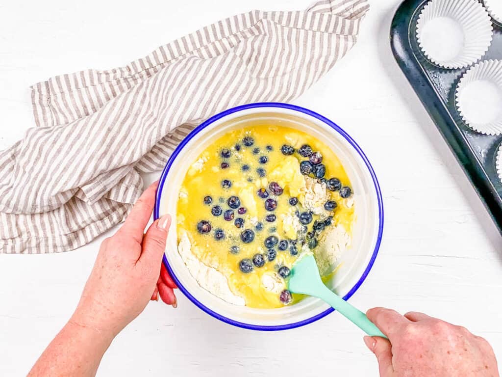 Lactose free blueberry muffin batter in a mixing bowl.