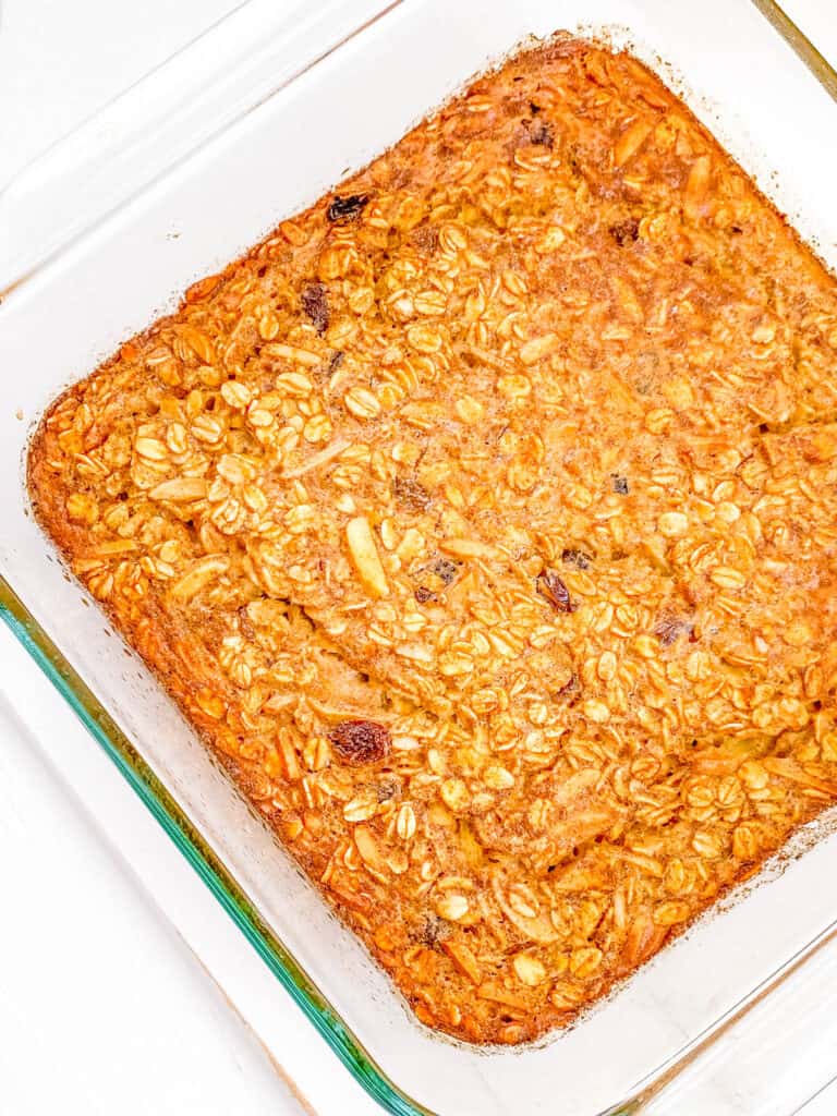 Baked oatmeal in a baking dish fresh out of the oven.
