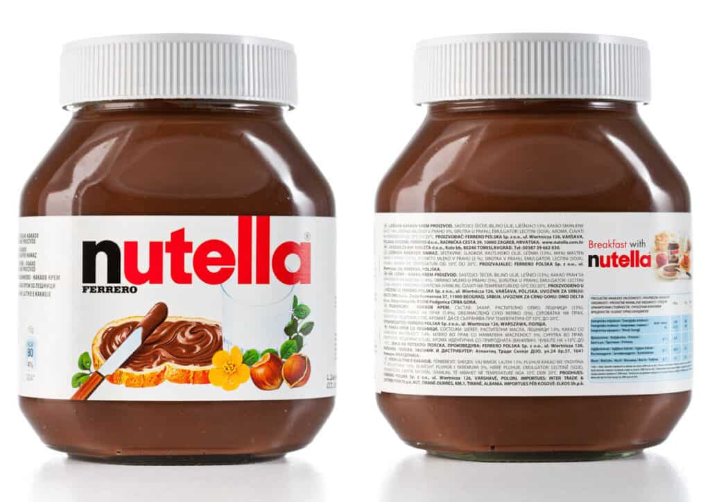 Is Nutella vegan? Ingredients label of Nutella bottle are displayed.