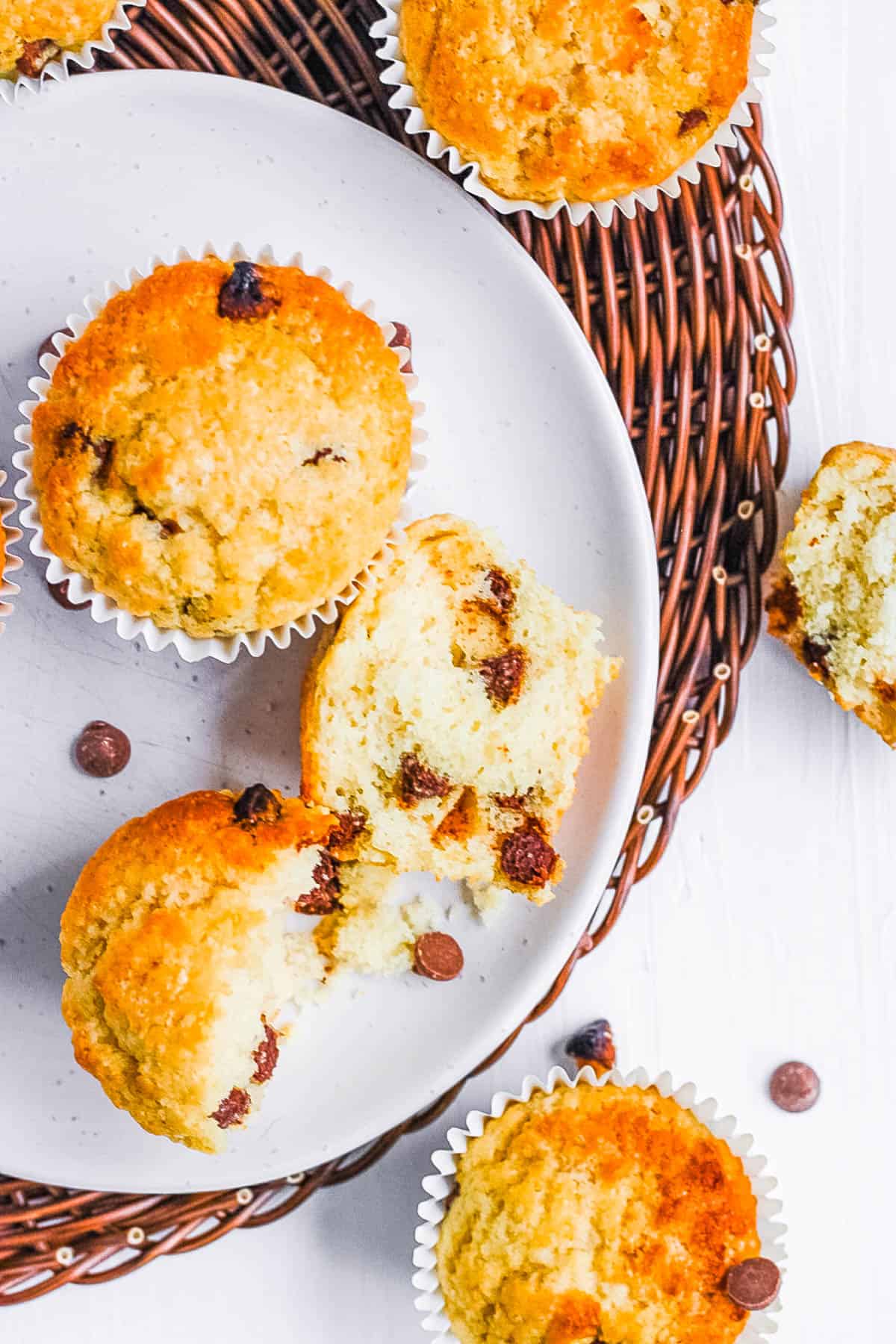 Vegan chocolate chip muffins on a white plate.
