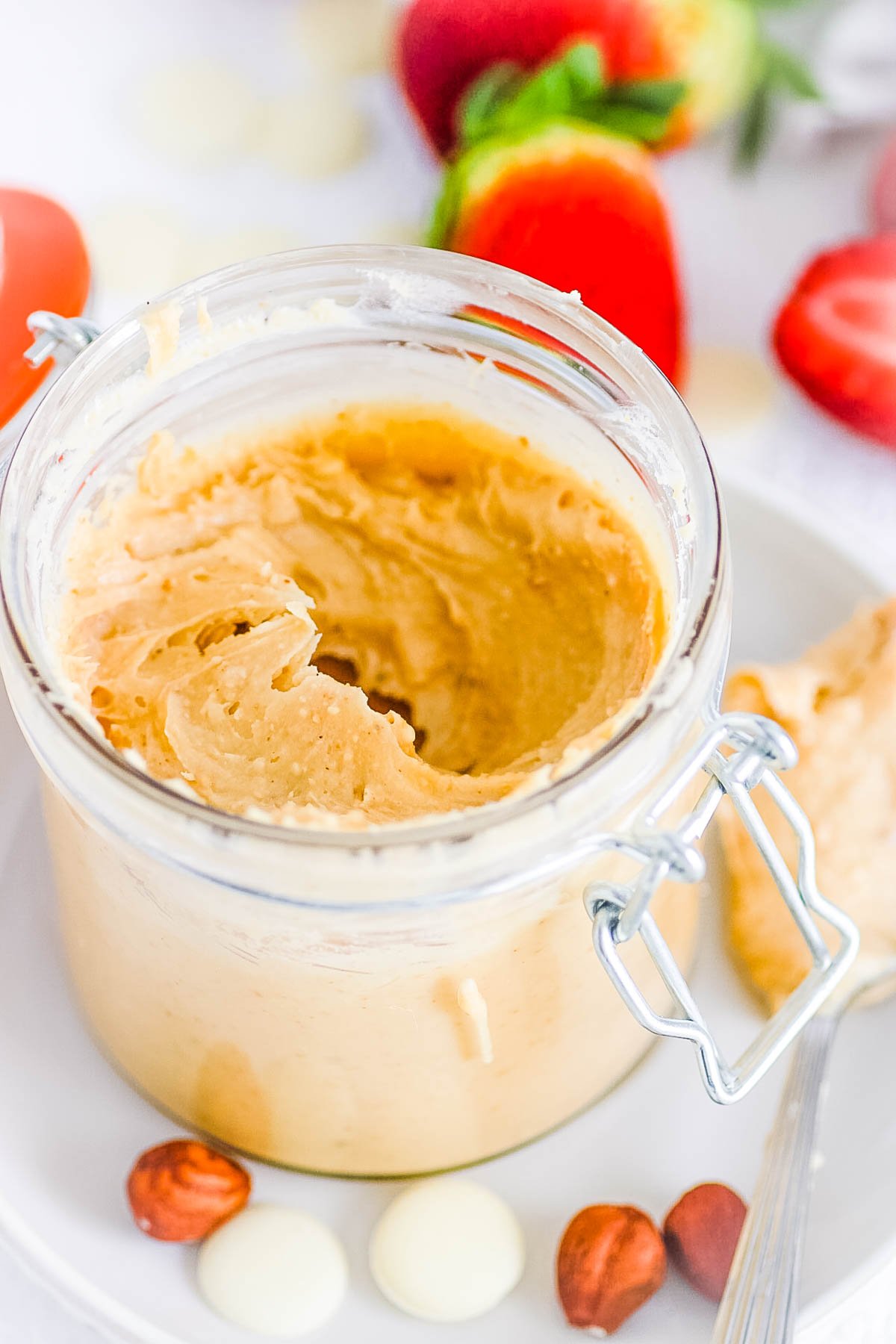 White chocolate hazelnut spread in a mason jar.