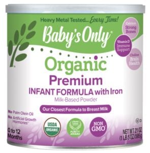 Can of Baby's Only infant formula with iron.