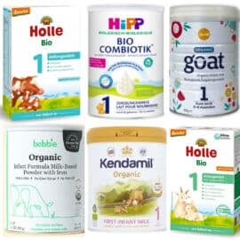 Collage of the best organic baby formulas on a white background.