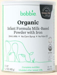 Can of Bobbie organic infant formula.