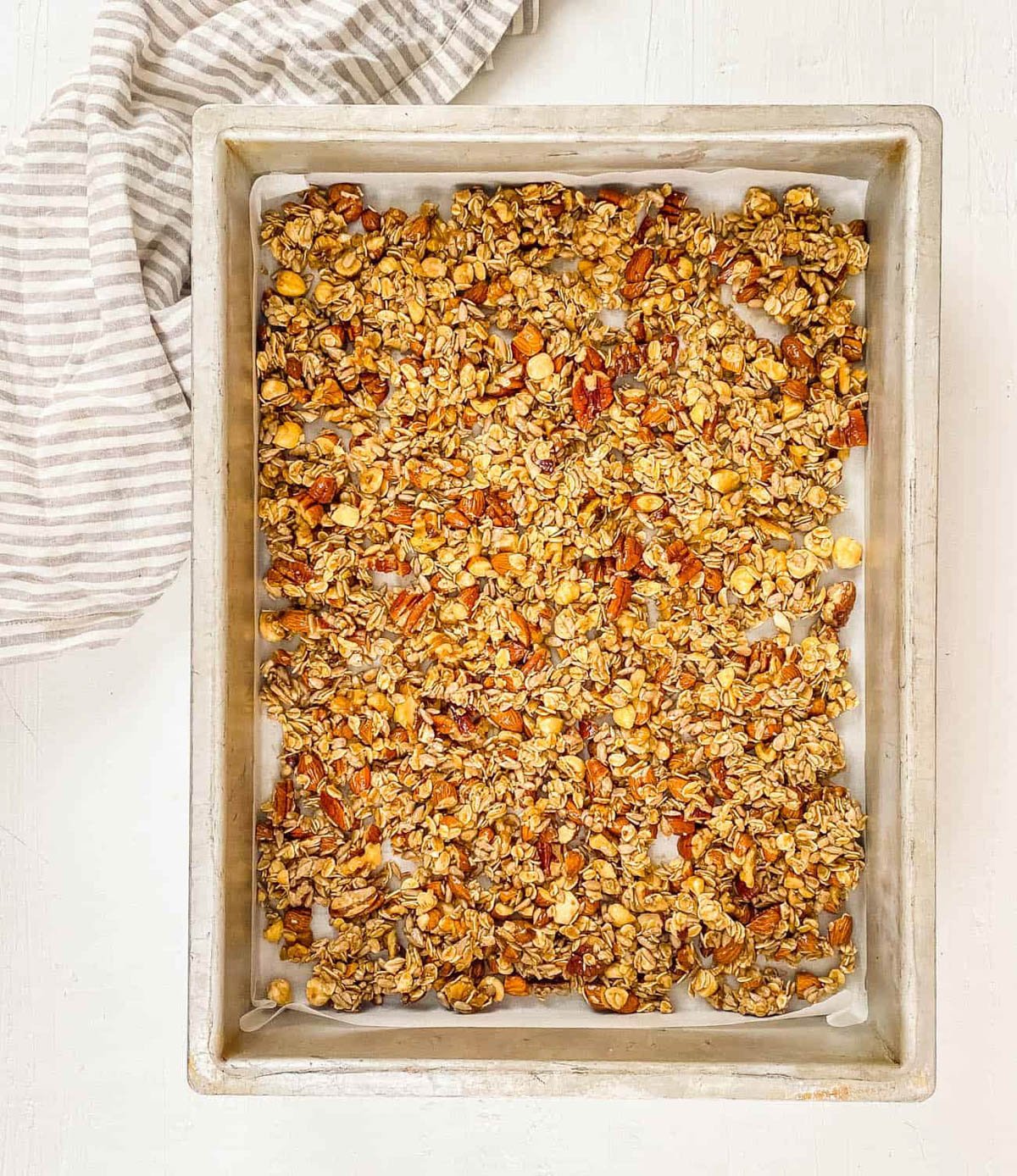 Vegan protein granola on a baking sheet.