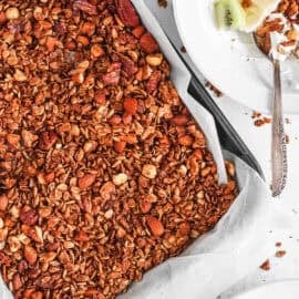 Homemade high protein granola on a baking sheet.