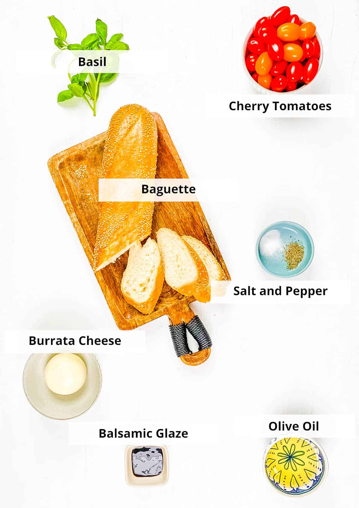 Ingredients for bruschetta burrata recipe on a white background.