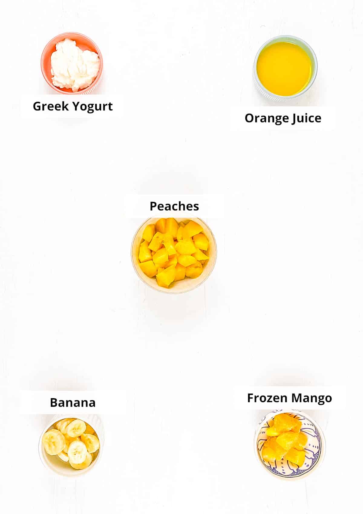 Ingredients for banana peach smoothie recipe against a white background.