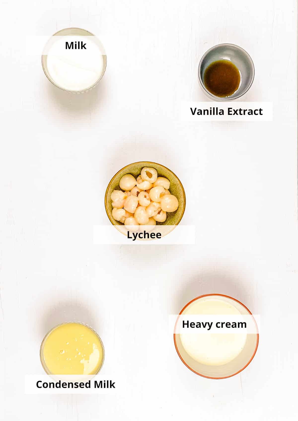 Ingrédients pour la recette de glace au litchi sur fond blanc.