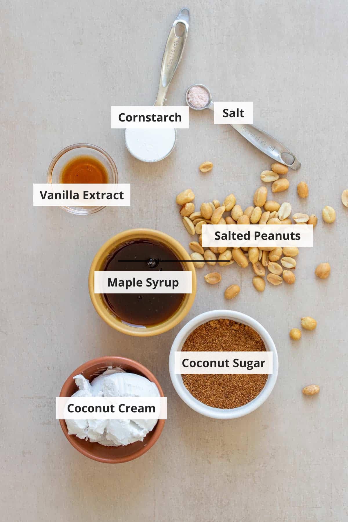 Ingredients for vegan peanut brittle without corn syrup on a white countertop.
