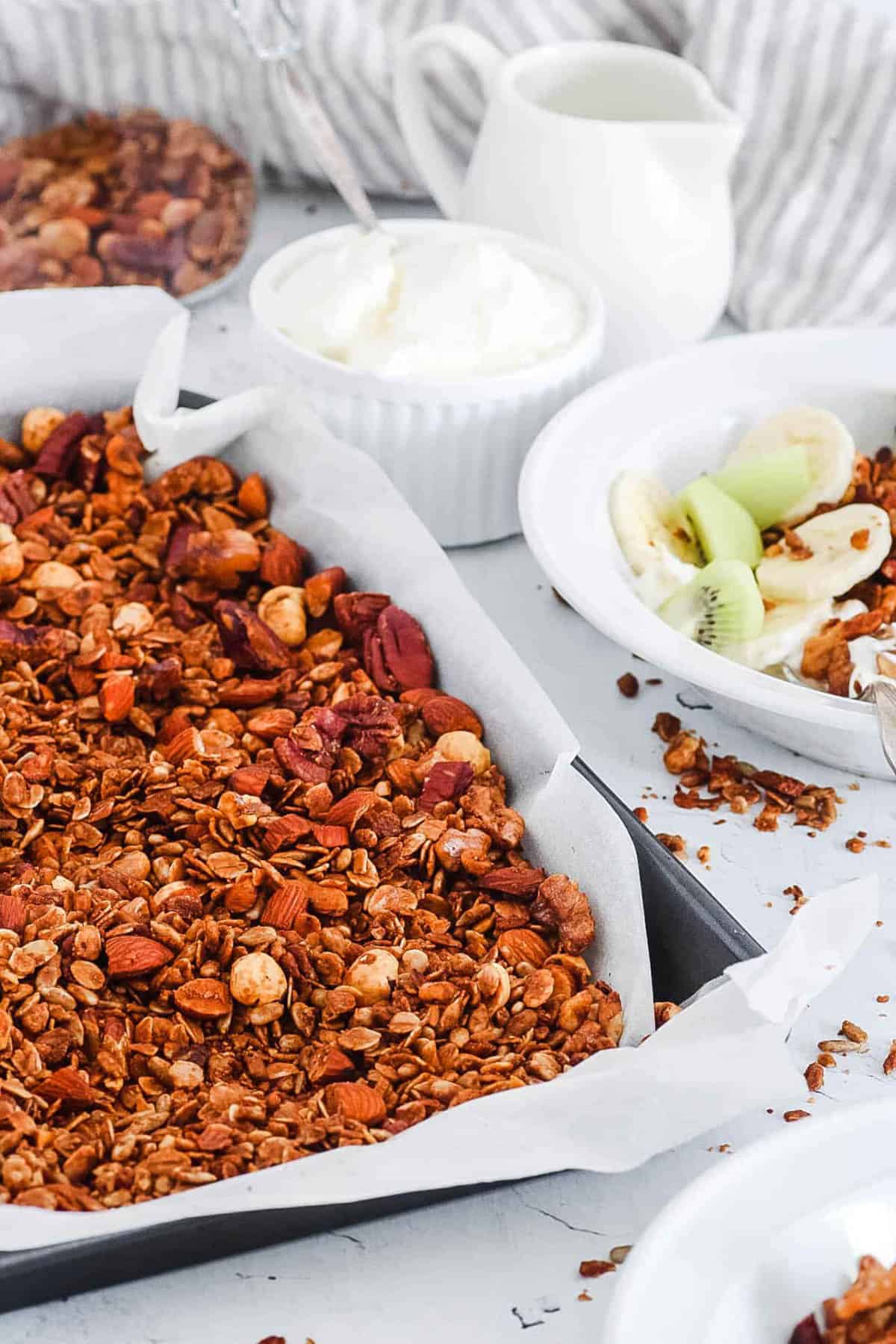 Easy, vegan high protein granola on a baking sheet.