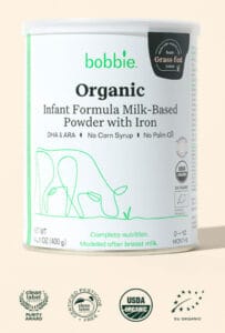 Can of Bobbie organic infant formula.