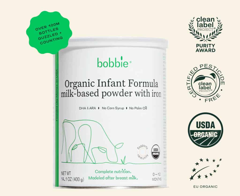 Can of best palm oil free baby formula - Bobbie organic infant formula on a beige background.