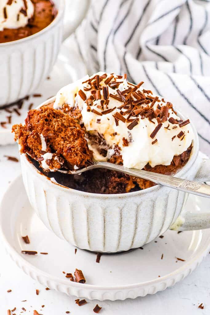 Chocolate protein mug cake served in a mug, topped with whipped cream and chocolate shavings.