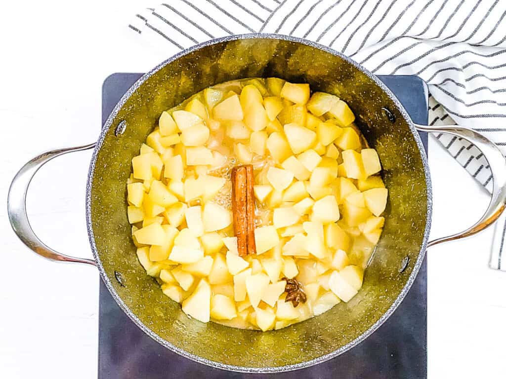 Pears, water and cinnamon stick cooking in a large stock pot on the stove.
