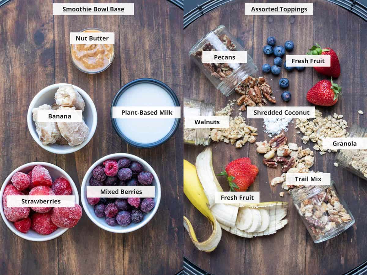 Ingredients for vegan smoothie bowl recipe on a wood background.