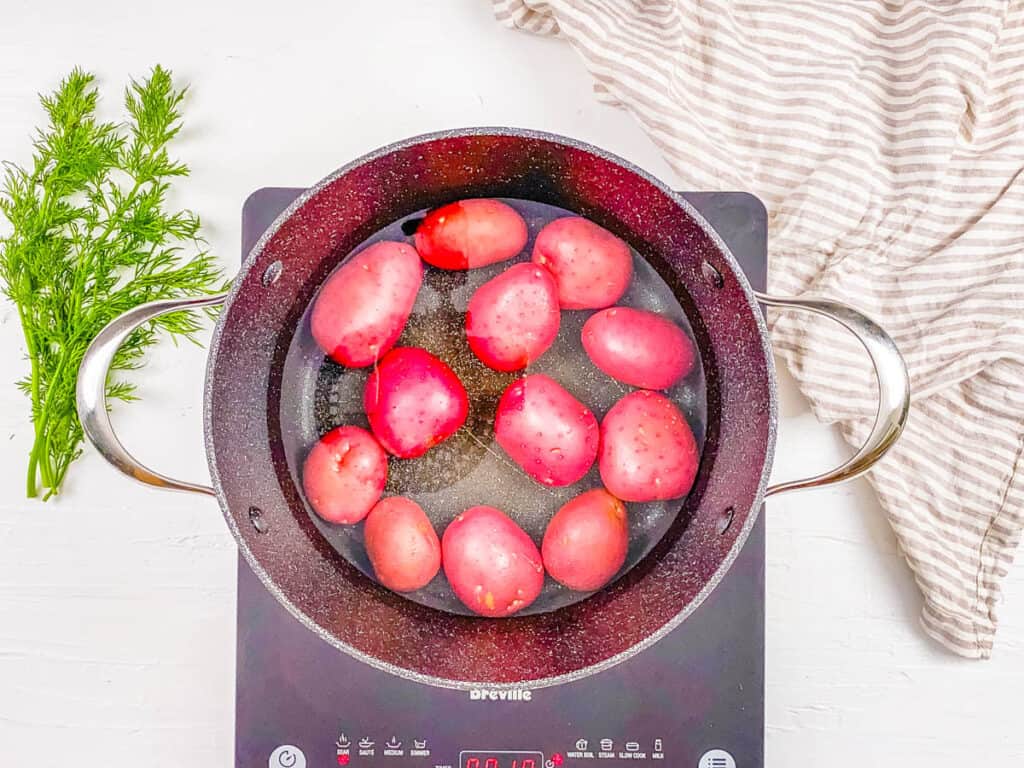 Red potatoes boiling in a stock pot on the stove.