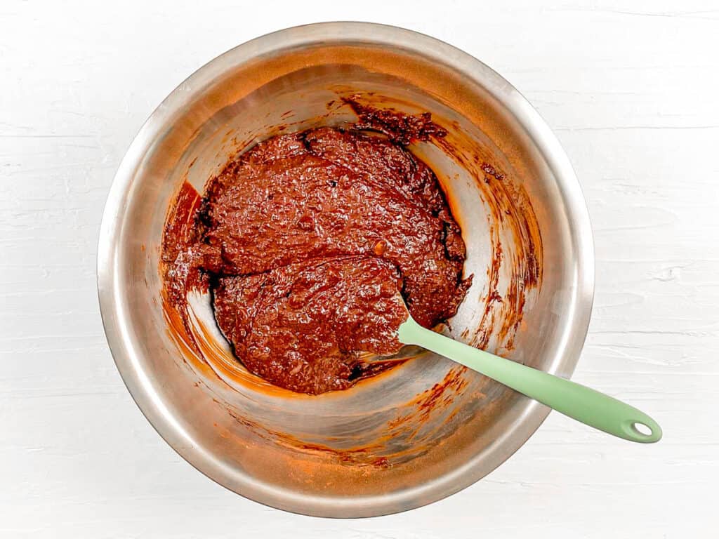 Brownie batter in a mixing bowl.