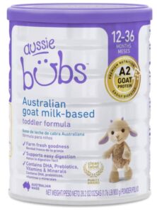 Can of Aussie Bubs Goat Milk Toddler Formula on a white background.