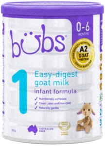 Can of Aussie Bubs Infant Goat Milk formula on a white background.